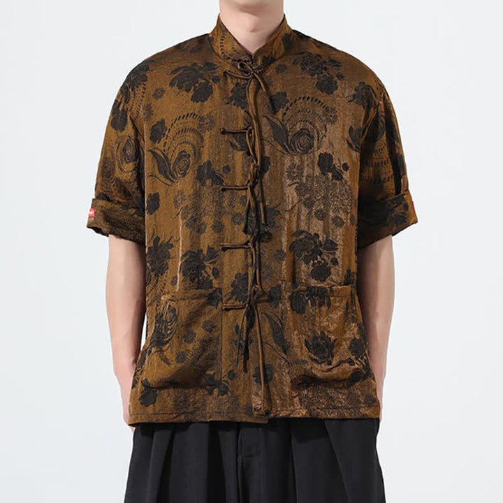 Buddha Stones Summer Tang Style Mandarin Collar Floral Jacquard Men's Short Sleeve Shirt With Pockets - image 29