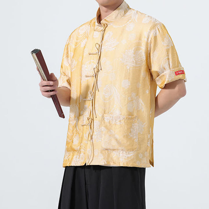 Buddha Stones Summer Tang Style Mandarin Collar Floral Jacquard Men's Short Sleeve Shirt With Pockets - image 18