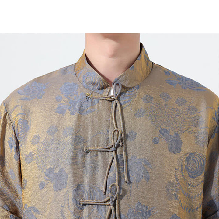 Buddha Stones Summer Tang Style Mandarin Collar Floral Jacquard Men's Short Sleeve Shirt With Pockets - image 9