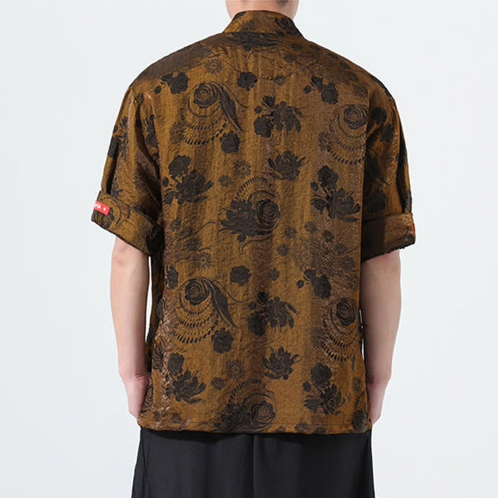 Buddha Stones Summer Tang Style Mandarin Collar Floral Jacquard Men's Short Sleeve Shirt With Pockets - image 23