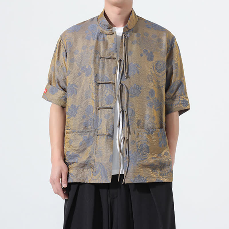 Buddha Stones Summer Tang Style Mandarin Collar Floral Jacquard Men's Short Sleeve Shirt With Pockets - image 4