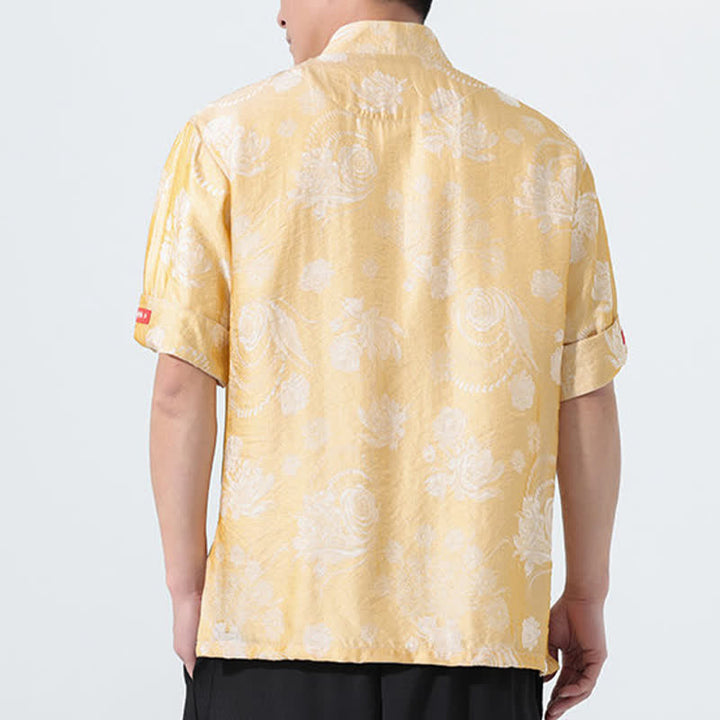 Buddha Stones Summer Tang Style Mandarin Collar Floral Jacquard Men's Short Sleeve Shirt With Pockets - image 16