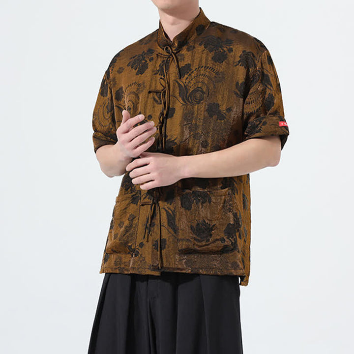 Buddha Stones Summer Tang Style Mandarin Collar Floral Jacquard Men's Short Sleeve Shirt With Pockets - image 28