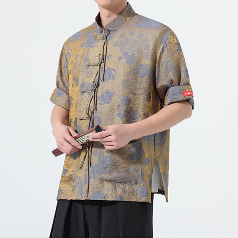 Buddha Stones Summer Tang Style Mandarin Collar Floral Jacquard Men's Short Sleeve Shirt With Pockets - image 5
