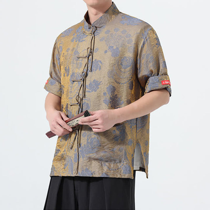 Buddha Stones Summer Tang Style Mandarin Collar Floral Jacquard Men's Short Sleeve Shirt With Pockets - image 5