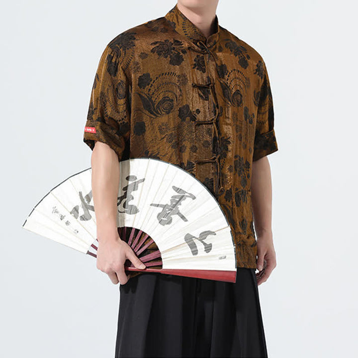 Buddha Stones Summer Tang Style Mandarin Collar Floral Jacquard Men's Short Sleeve Shirt With Pockets - image 30