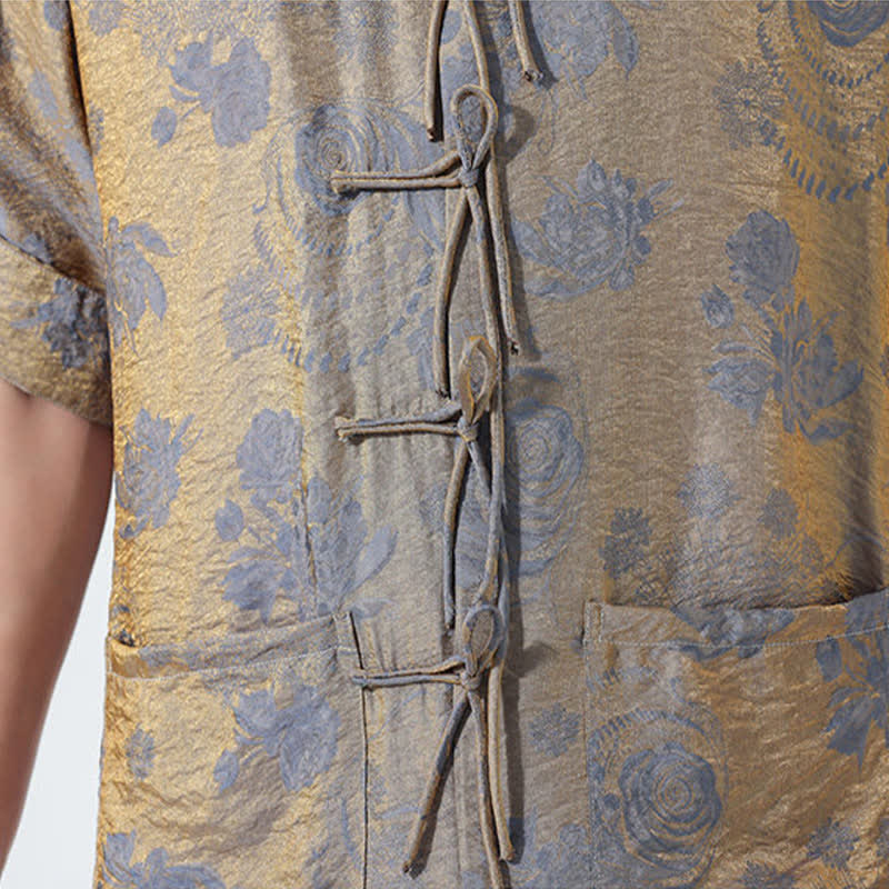 Buddha Stones Summer Tang Style Mandarin Collar Floral Jacquard Men's Short Sleeve Shirt With Pockets - image 11