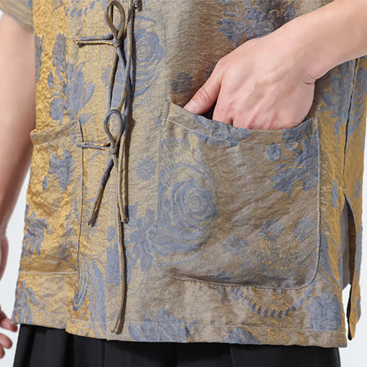 Buddha Stones Summer Tang Style Mandarin Collar Floral Jacquard Men's Short Sleeve Shirt With Pockets - image 12