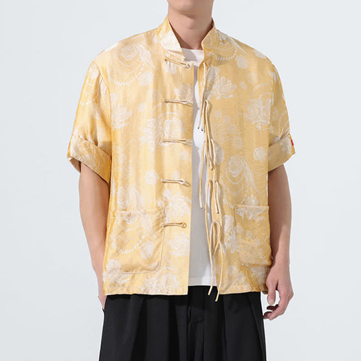 Buddha Stones Summer Tang Style Mandarin Collar Floral Jacquard Men's Short Sleeve Shirt With Pockets - image 15