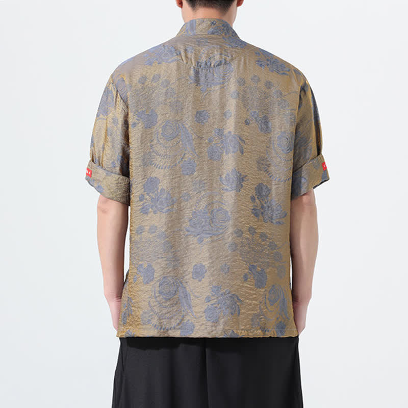 Buddha Stones Summer Tang Style Mandarin Collar Floral Jacquard Men's Short Sleeve Shirt With Pockets - image 1