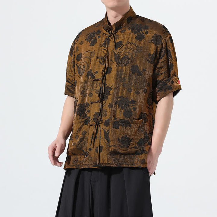 Buddha Stones Summer Tang Style Mandarin Collar Floral Jacquard Men's Short Sleeve Shirt With Pockets - image 27