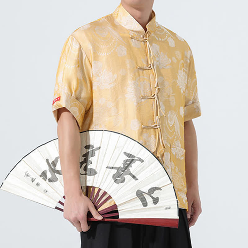 Buddha Stones Summer Tang Style Mandarin Collar Floral Jacquard Men's Short Sleeve Shirt With Pockets - image 21