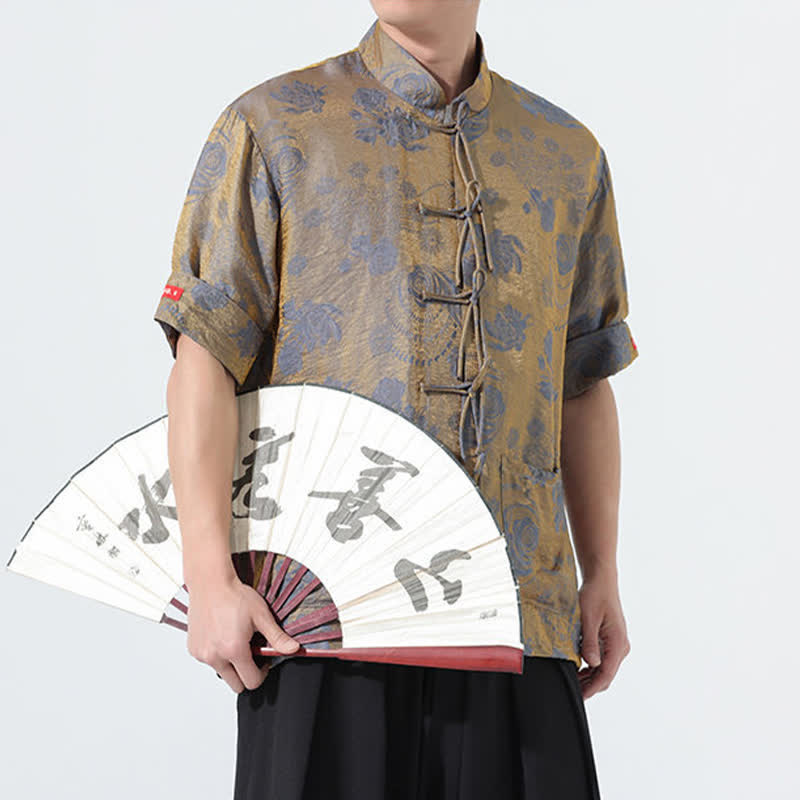 Buddha Stones Summer Tang Style Mandarin Collar Floral Jacquard Men's Short Sleeve Shirt With Pockets - image 8