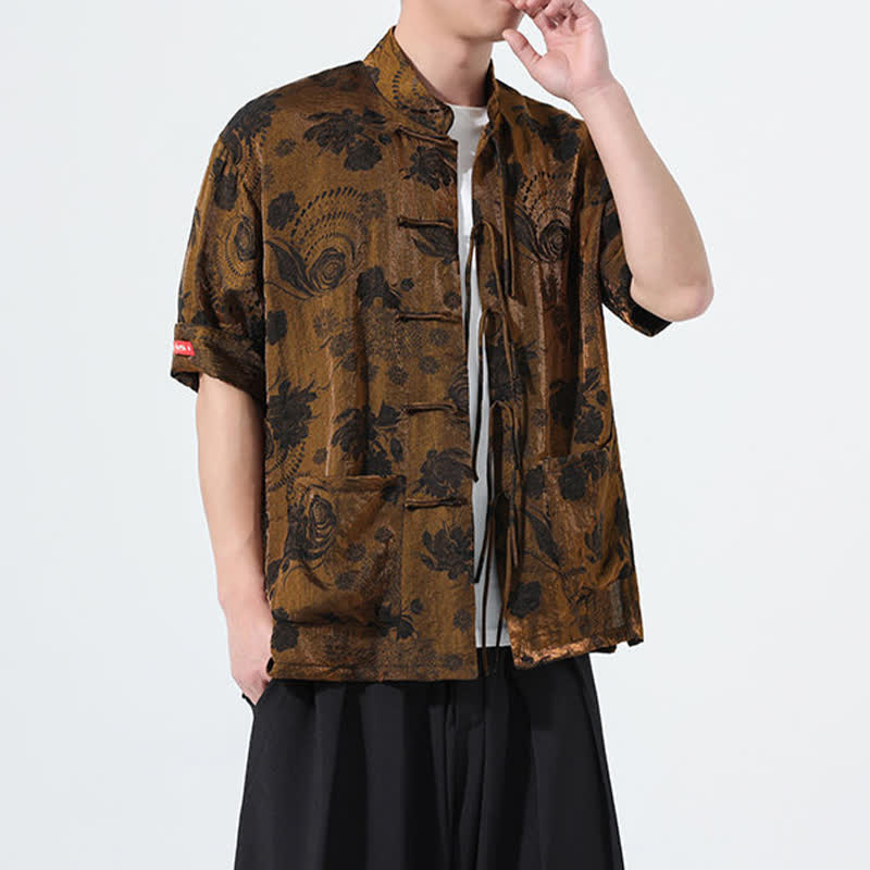 Buddha Stones Summer Tang Style Mandarin Collar Floral Jacquard Men's Short Sleeve Shirt With Pockets - image 24