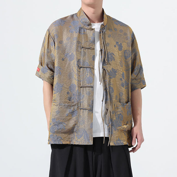 Buddha Stones Summer Tang Style Mandarin Collar Floral Jacquard Men's Short Sleeve Shirt With Pockets - image 3