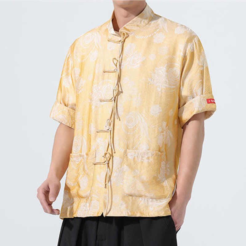 Buddha Stones Summer Tang Style Mandarin Collar Floral Jacquard Men's Short Sleeve Shirt With Pockets - image 17