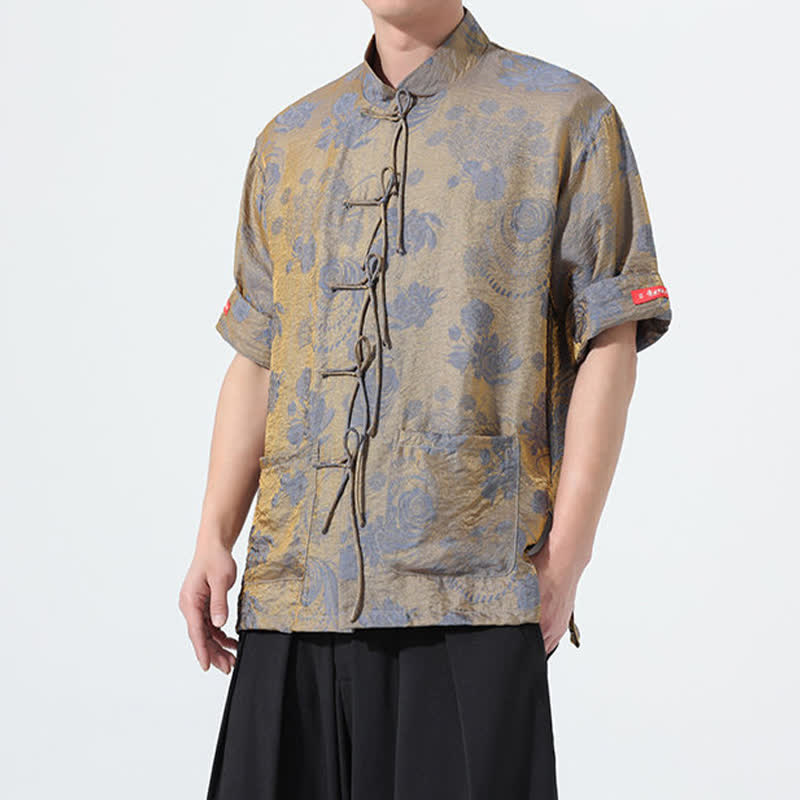 Buddha Stones Summer Tang Style Mandarin Collar Floral Jacquard Men's Short Sleeve Shirt With Pockets - image 6