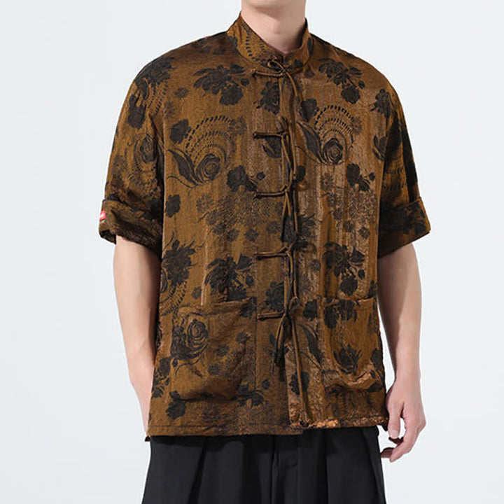 Buddha Stones Summer Tang Style Mandarin Collar Floral Jacquard Men's Short Sleeve Shirt With Pockets - image 25