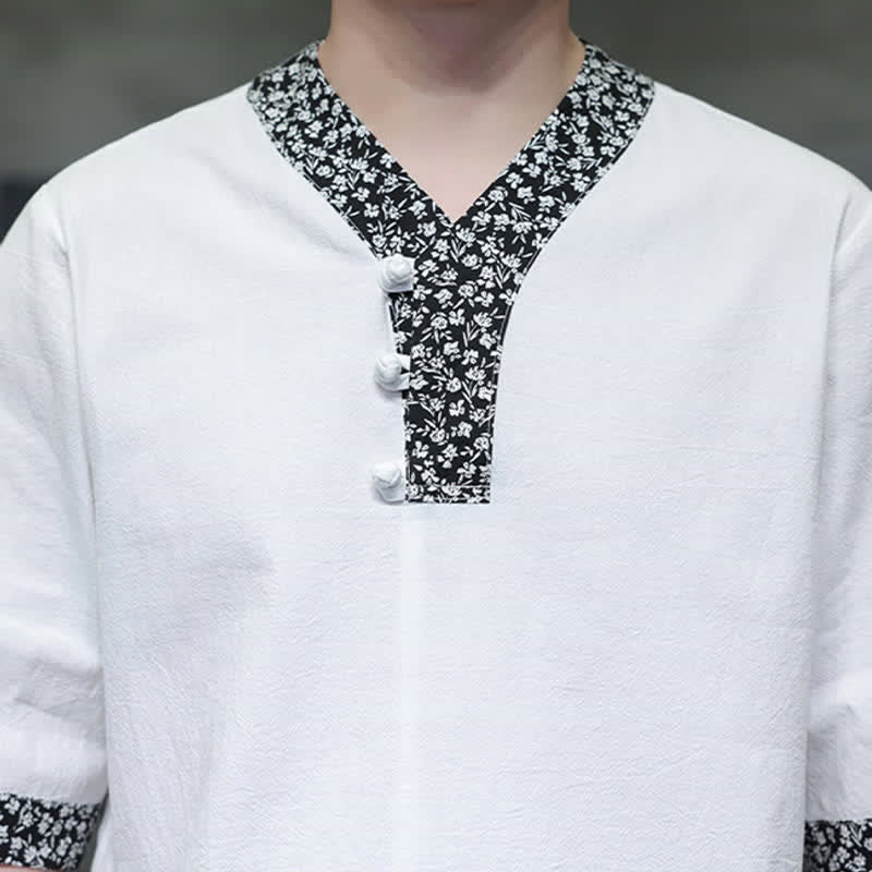 Buddha Stones Summer Casual Mandarin Collar Frog Button Cotton Men's Short Sleeve Shirt - image 8