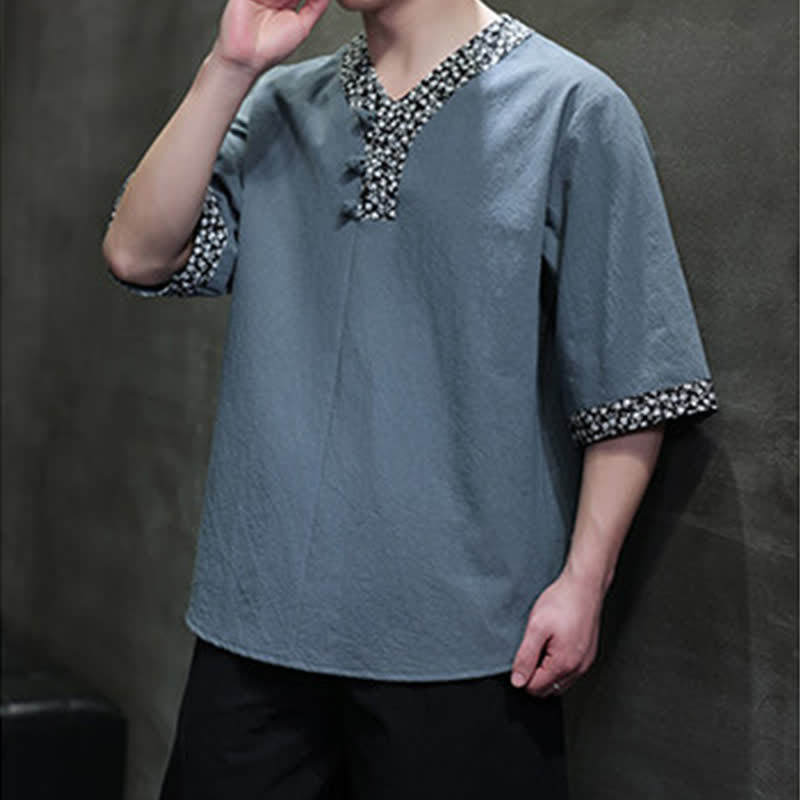 Buddha Stones Summer Casual Mandarin Collar Frog Button Cotton Men's Short Sleeve Shirt - image 14