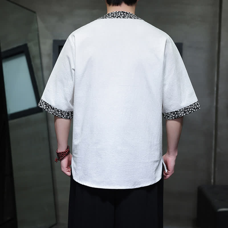 Buddha Stones Summer Casual Mandarin Collar Frog Button Cotton Men's Short Sleeve Shirt - image 1