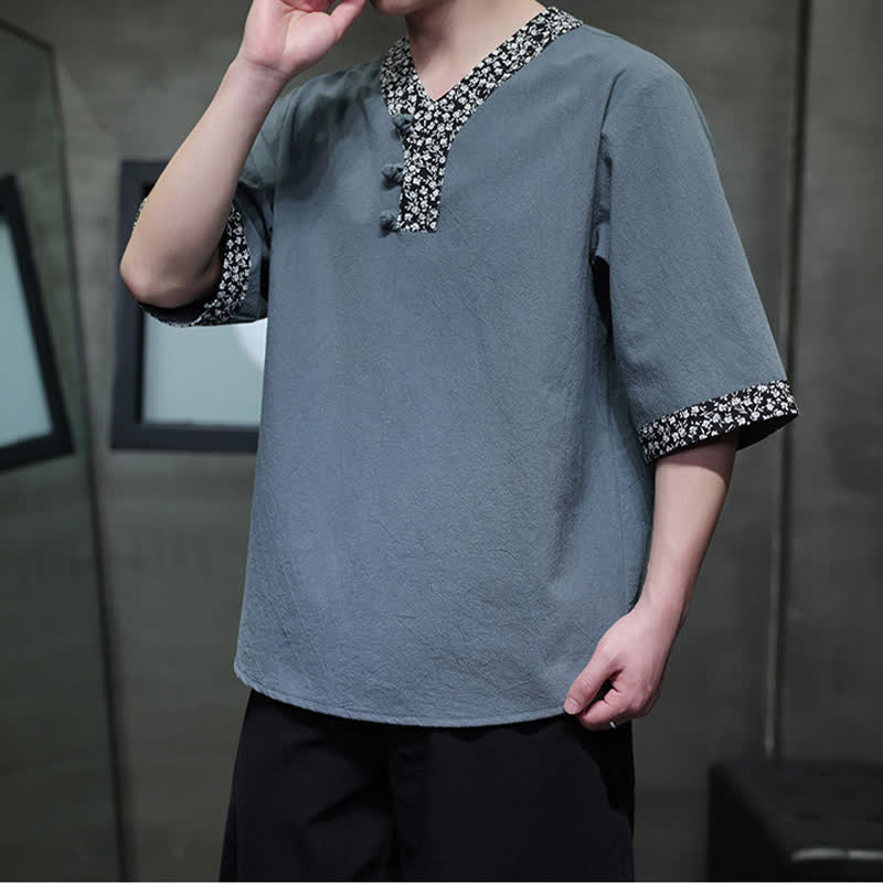 Buddha Stones Summer Casual Mandarin Collar Frog Button Cotton Men's Short Sleeve Shirt - CadetBlue - US/UK/AU46，EU56 (5XL) - image 11