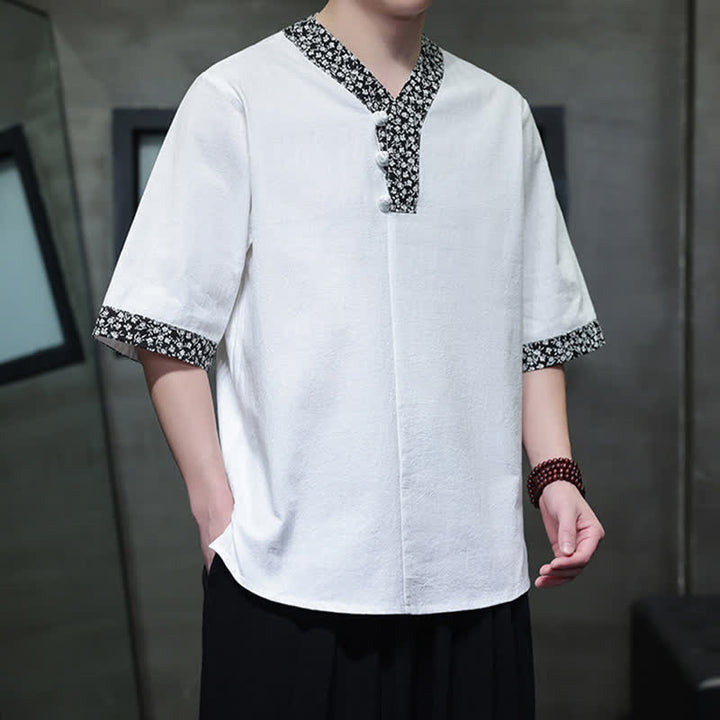 Buddha Stones Summer Casual Mandarin Collar Frog Button Cotton Men's Short Sleeve Shirt - image 6