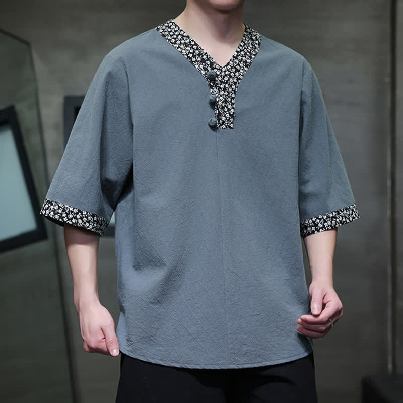 Buddha Stones Summer Casual Mandarin Collar Frog Button Cotton Men's Short Sleeve Shirt - image 17