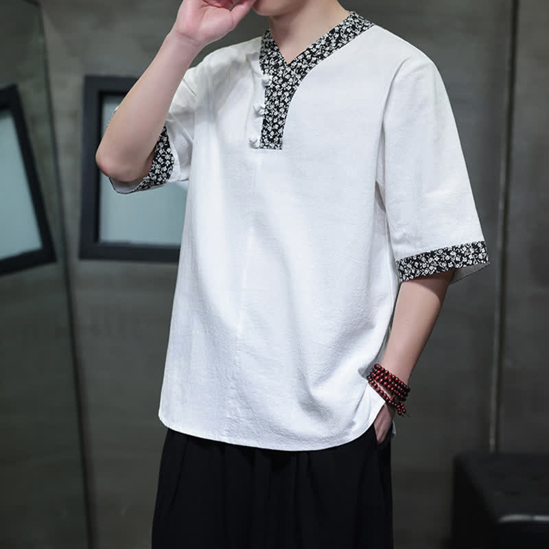 Buddha Stones Summer Casual Mandarin Collar Frog Button Cotton Men's Short Sleeve Shirt - White - US/UK/AU46，EU56 (5XL) - image 0