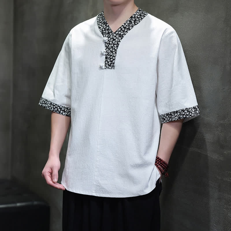 Buddha Stones Summer Casual Mandarin Collar Frog Button Cotton Men's Short Sleeve Shirt - image 7