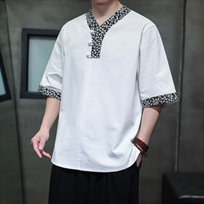 Buddha Stones Summer Casual Mandarin Collar Frog Button Cotton Men's Short Sleeve Shirt - image 3