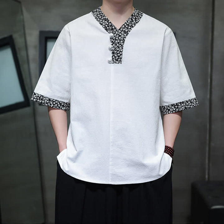 Buddha Stones Summer Casual Mandarin Collar Frog Button Cotton Men's Short Sleeve Shirt - image 5