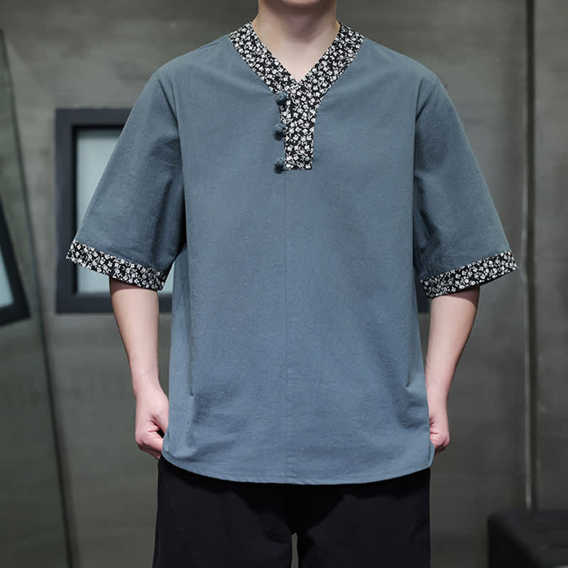 Buddha Stones Summer Casual Mandarin Collar Frog Button Cotton Men's Short Sleeve Shirt - image 16