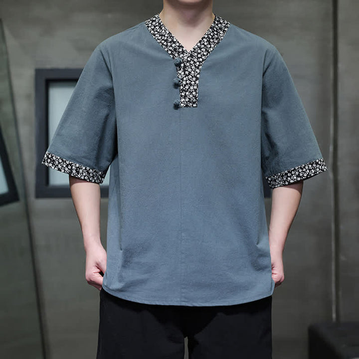 Buddha Stones Summer Casual Mandarin Collar Frog Button Cotton Men's Short Sleeve Shirt - image 16