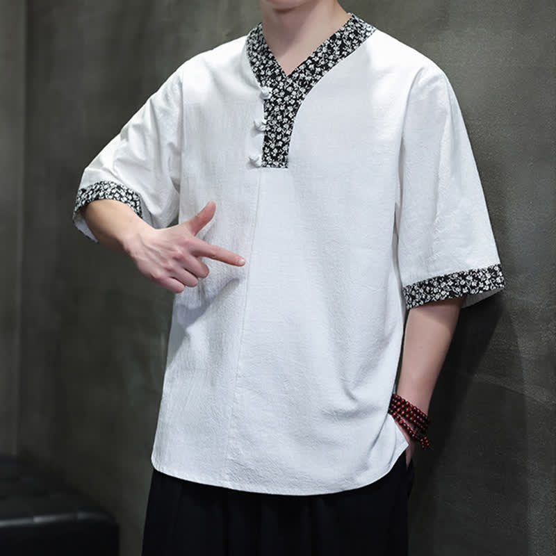 Buddha Stones Summer Casual Mandarin Collar Frog Button Cotton Men's Short Sleeve Shirt - image 4