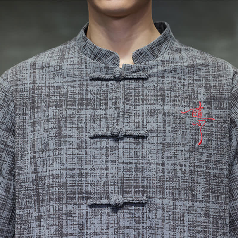Buddha Stones Summer Casual Mandarin Collar Frog Button Solid Men's Short Sleeve Shirt - image 7