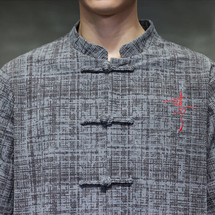 Buddha Stones Summer Casual Mandarin Collar Frog Button Solid Men's Short Sleeve Shirt - image 7