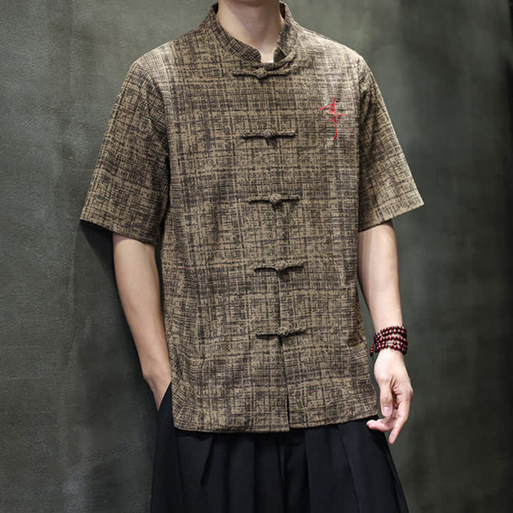 Buddha Stones Summer Casual Mandarin Collar Frog Button Solid Men's Short Sleeve Shirt - image 13