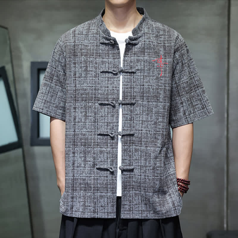 Buddha Stones Summer Casual Mandarin Collar Frog Button Solid Men's Short Sleeve Shirt - DimGray - US/UK/AU46，EU56 (5XL) - image 0