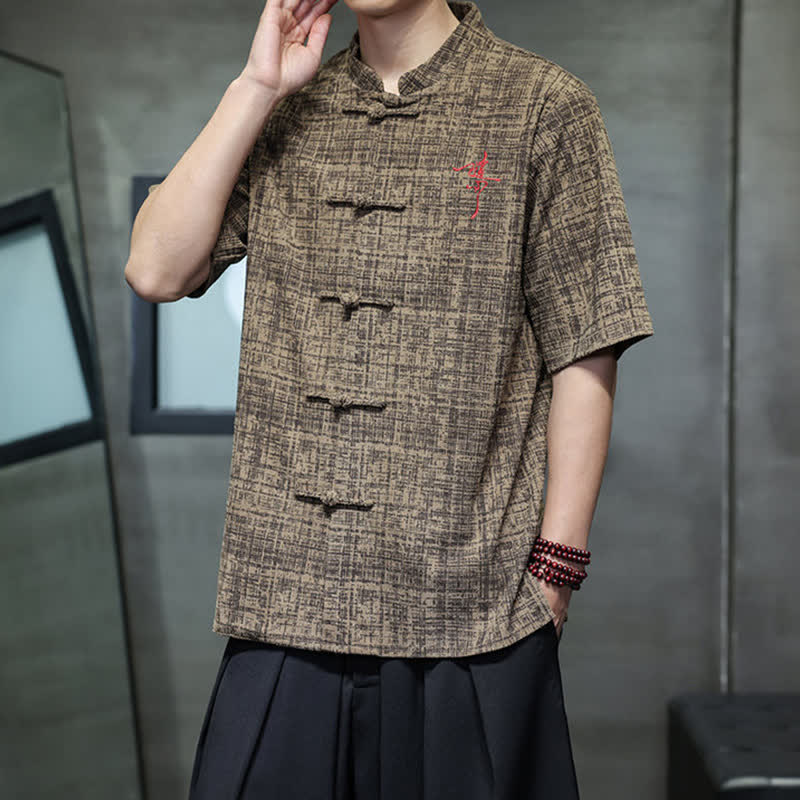 Buddha Stones Summer Casual Mandarin Collar Frog Button Solid Men's Short Sleeve Shirt - image 14