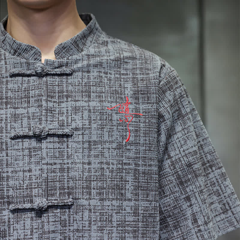 Buddha Stones Summer Casual Mandarin Collar Frog Button Solid Men's Short Sleeve Shirt - image 8