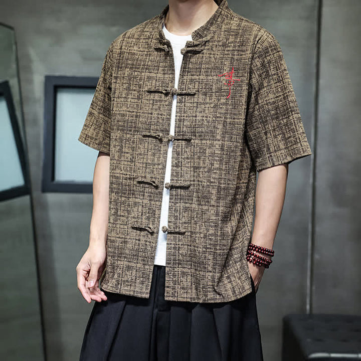 Buddha Stones Summer Casual Mandarin Collar Frog Button Solid Men's Short Sleeve Shirt - image 15