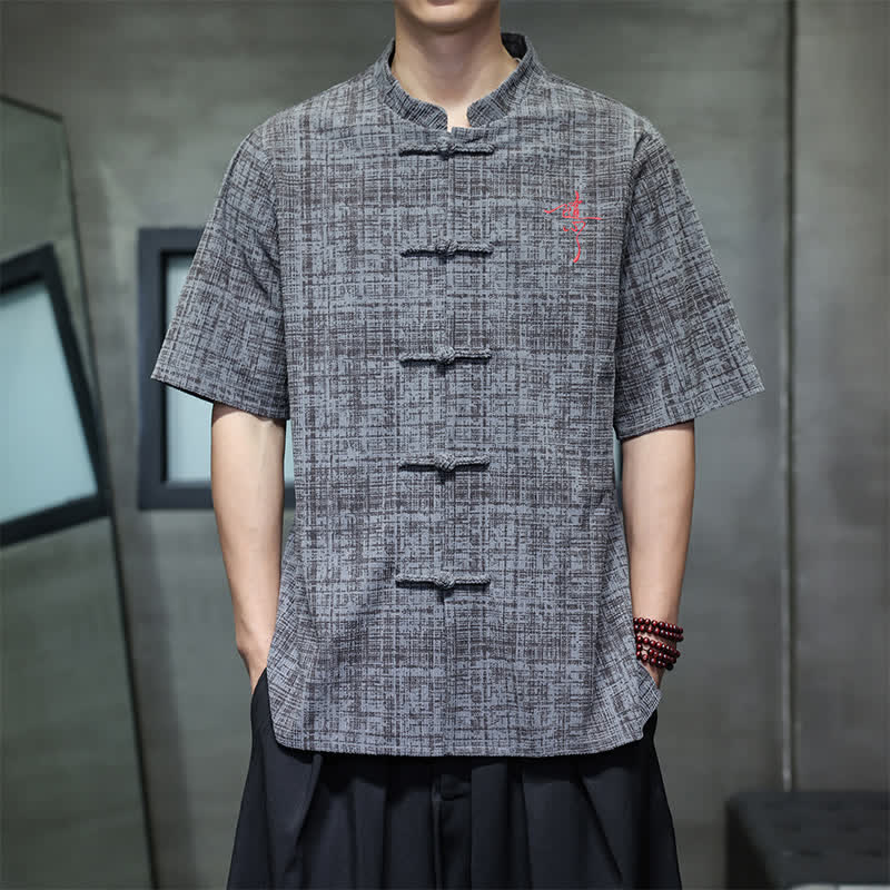 Buddha Stones Summer Casual Mandarin Collar Frog Button Solid Men's Short Sleeve Shirt - image 1