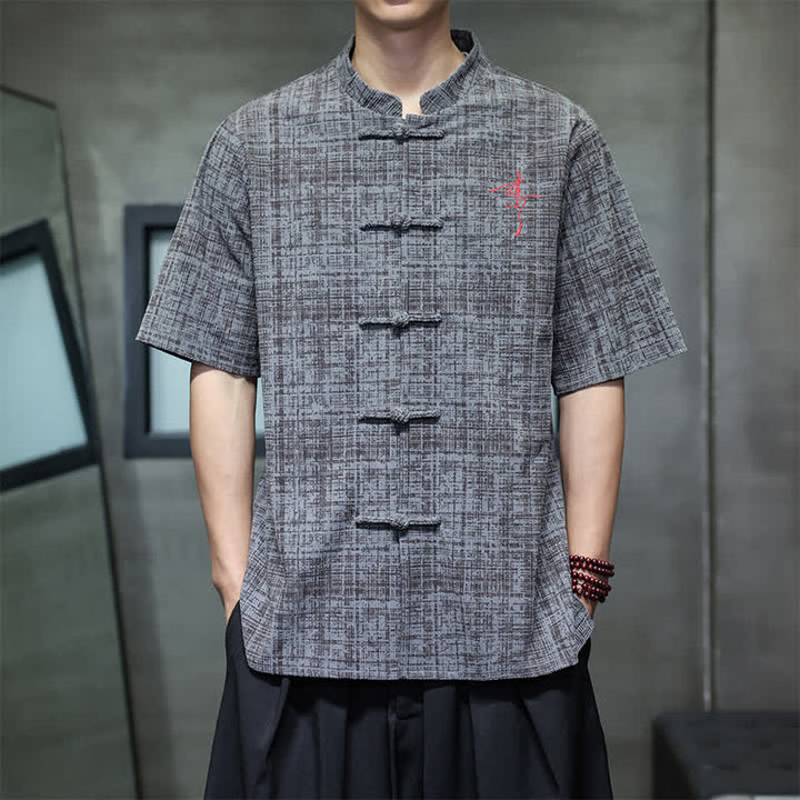 Buddha Stones Summer Casual Mandarin Collar Frog Button Solid Men's Short Sleeve Shirt - image 1