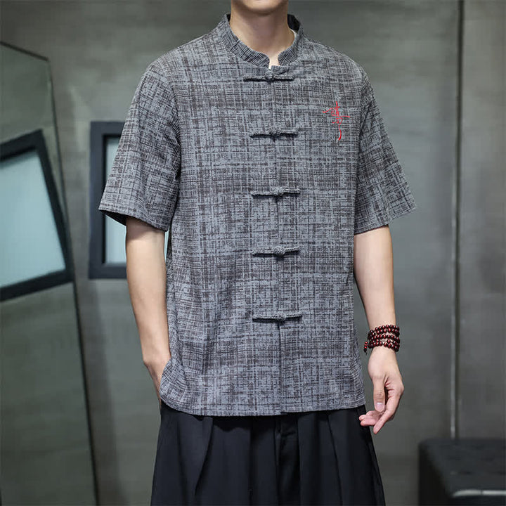 Buddha Stones Summer Casual Mandarin Collar Frog Button Solid Men's Short Sleeve Shirt - image 3