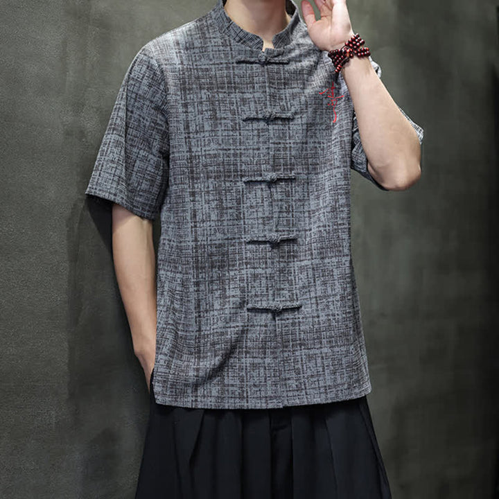 Buddha Stones Summer Casual Mandarin Collar Frog Button Solid Men's Short Sleeve Shirt - image 4