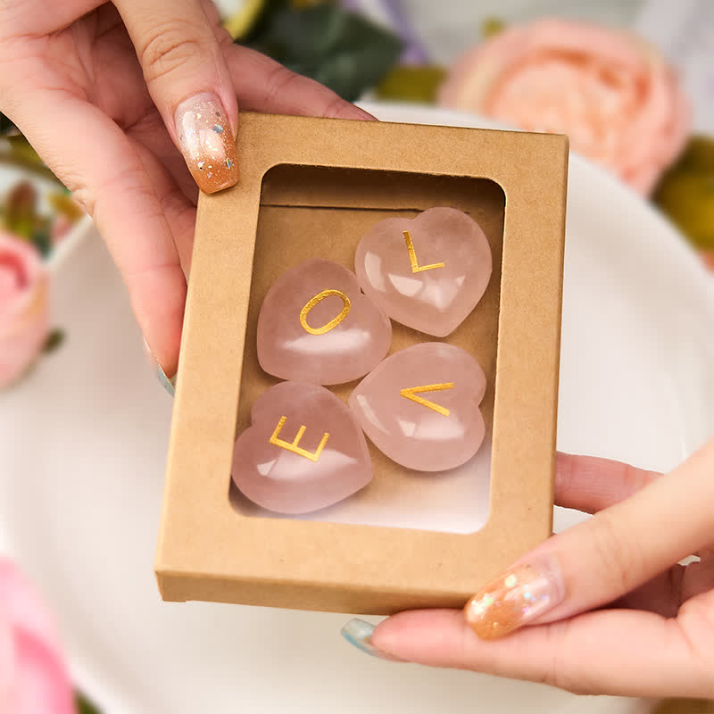 Buddha Stones 4Pcs Love & Comfort Heart Pattern Natural Rose Quartz Healing Crystal Stone Decor - 4Pcs Rose Quartz 3*3*1.3cm - image 0