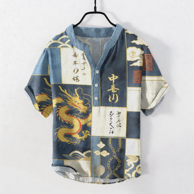Buddha Stones Cotton Golden Dragon Cloud Wave Emblem Men's Short Sleeve Half Button Shirt - SteelBlue - US/UK/AU50，EU60 (5XL) - image 5
