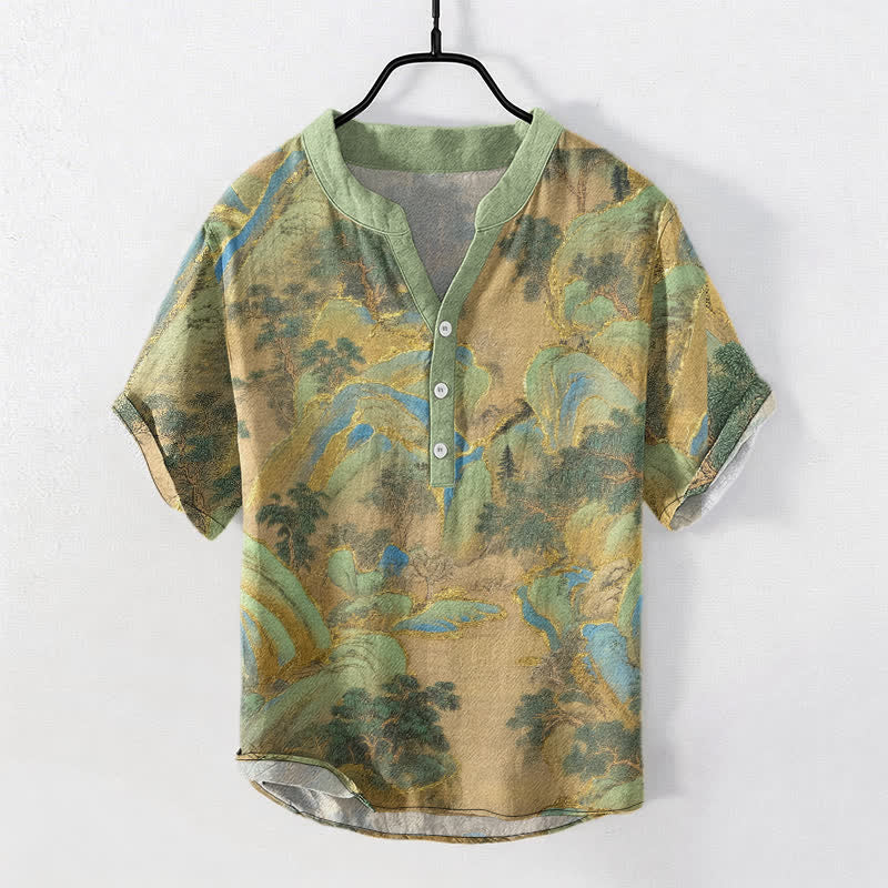 Buddha Stones Cotton Mountain Emblem Men's Short Sleeve Half Button Shirt - DarkSeaGreen - US/UK/AU50，EU60 (5XL) - image 0