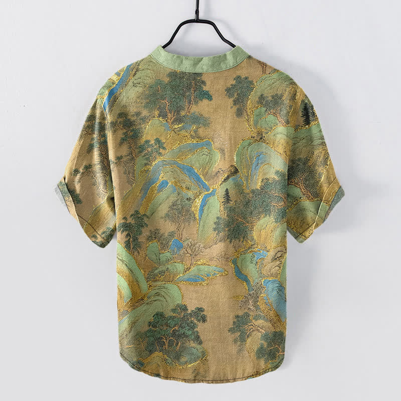 Buddha Stones Cotton Mountain Emblem Men's Short Sleeve Half Button Shirt - image 1